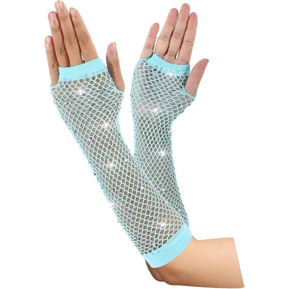 Women's Light Blue Punk Fish Net Arm Sleeve Rhinestone Gloves Costume Halloween